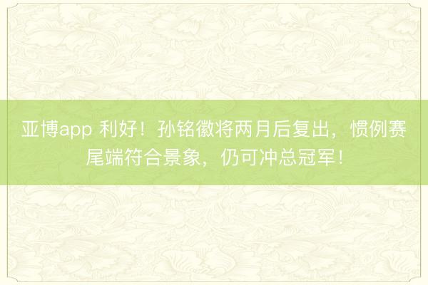 亚博app 利好！孙铭徽将两月后复出，惯例赛尾端符合景象，仍可冲总冠军！